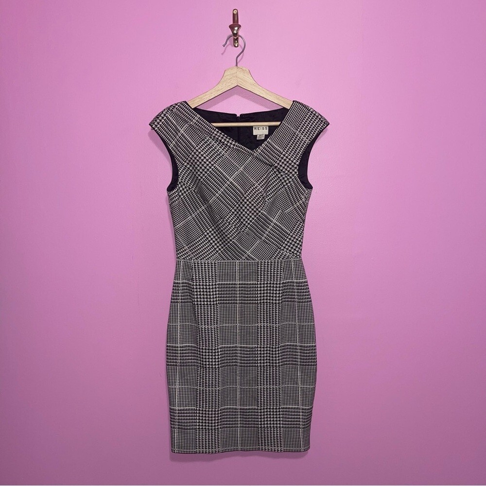 Reiss Dress Women's Size 4 US Ivory Black Houndstooth‎ Check Asymmetric Tailored - Picture 2 of 13